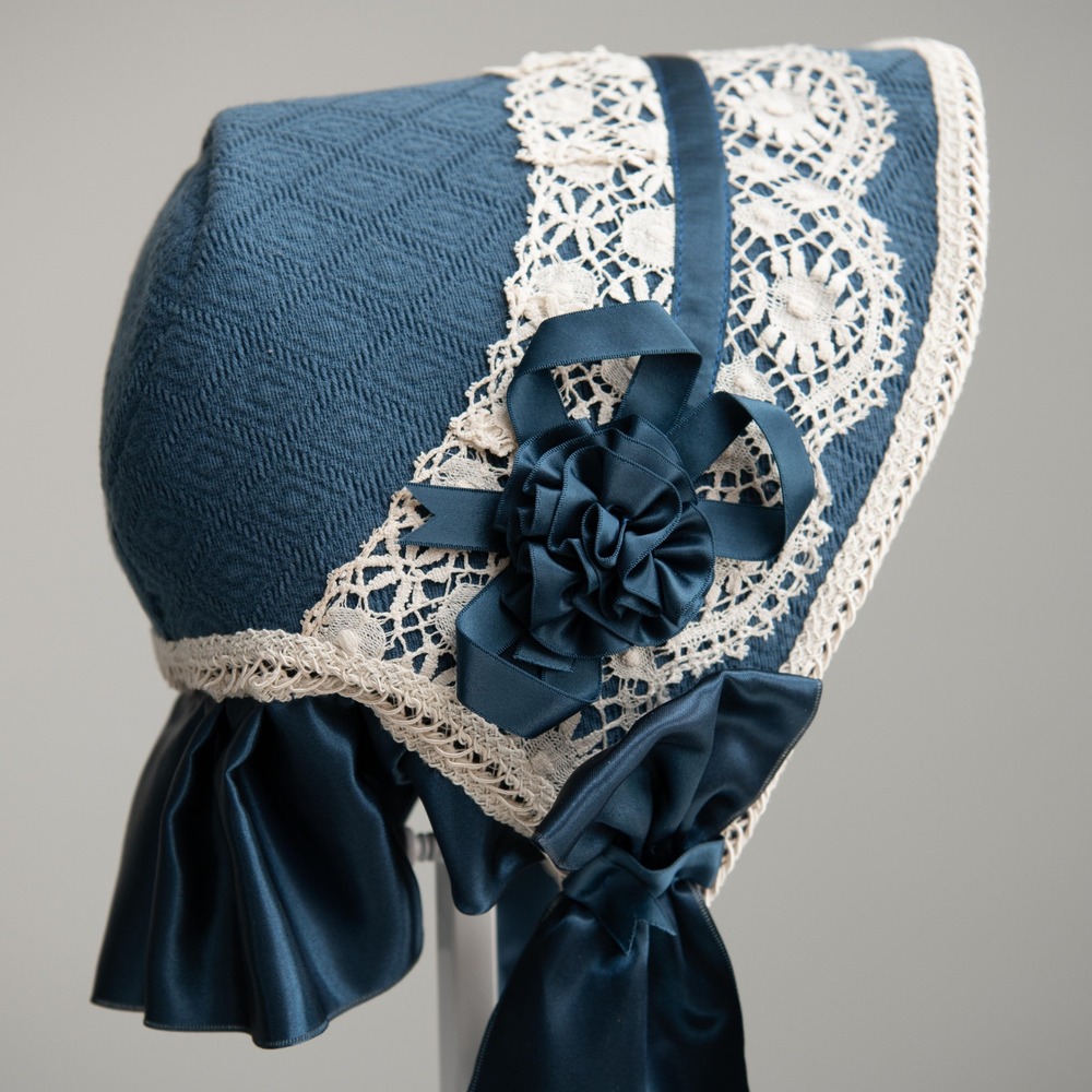 Antique Victorian Style Quilted Bonnet Blue Satin Lace Trim Prairie CottageCore